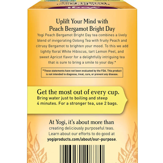 Yogi Peach Bergamot Bright Day Organic Tea, Contains Caffeine, Vegan Friendly, Kosher, Usda Certified Organic, Non-Gmo, 16 Tea Bags (Pack Of 6)