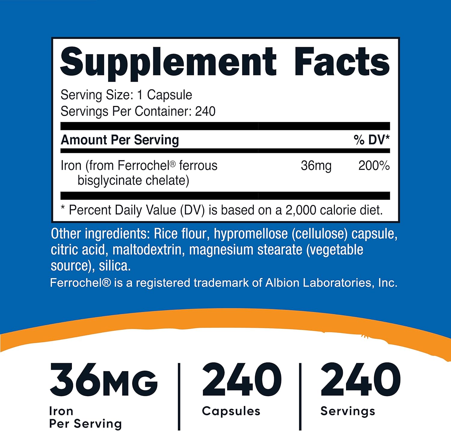 Nutricost Chelated Iron, As Ferrochel, 36mg, 240 Capsules