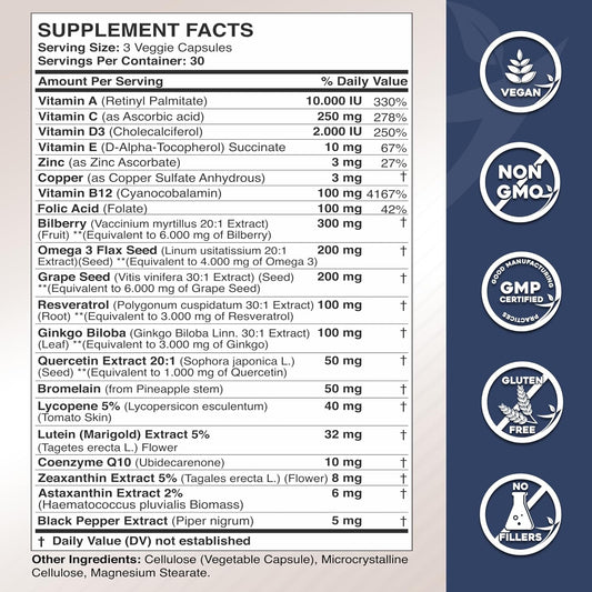 Gade Nutrition Lutein And Zeaxanthin Supplements | Astaxanthin, Omega 3, Resveratrol, Bilberry, Lycopene, Quercetin, Ginkgo Biloba, Vitamin D - Eye Health Vitamins, Eye Support, Health Vision Formula