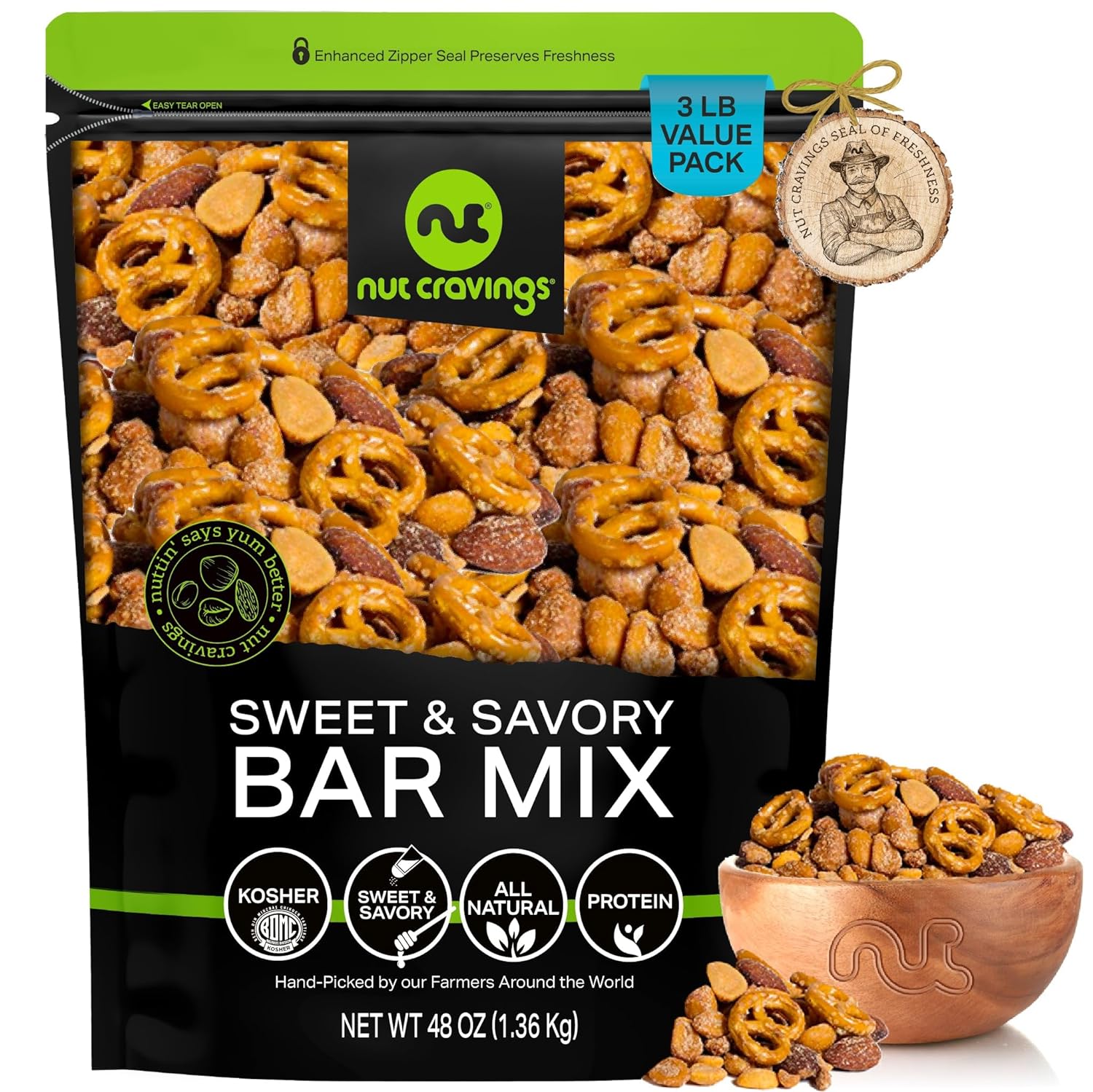Nut Cravings - Party Bar Nut Mix, Sweet & Savory Pub Snack - Smoked Almonds, Pretzels, Toffee Peanuts, Spicy, Honey Roasted Peanut (48oz - 3 LB) Packed Fresh in Resealable Bag - Healthy Protein Kosher