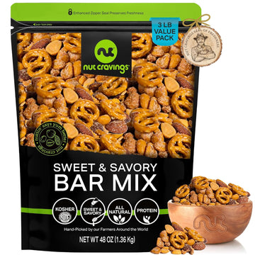 Nut Cravings - Party Bar Nut Mix, Sweet & Savory Pub Snack - Smoked Almonds, Pretzels, Toffee Peanuts, Spicy, Honey Roasted Peanut (48oz - 3 LB) Packed Fresh in Resealable Bag - Healthy Protein Kosher