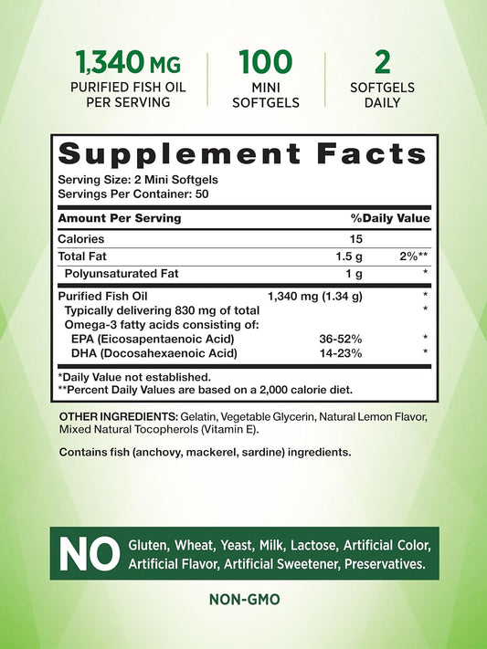 Mini Fish Oil Omega 3 | 1340 Mg | 100 Softgels | Burpless Lemon Flavor Pills | Non-Gmo & Gluten Free Supplement | By Nature'S Truth