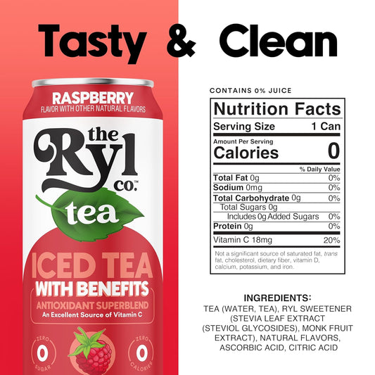Ryl Iced Tea, Raspberry, Antioxidant Superblend, Zero Sugar, Low Carb, Zero Calorie Iced Tea, 16.0 Fl Oz (12-Pack)