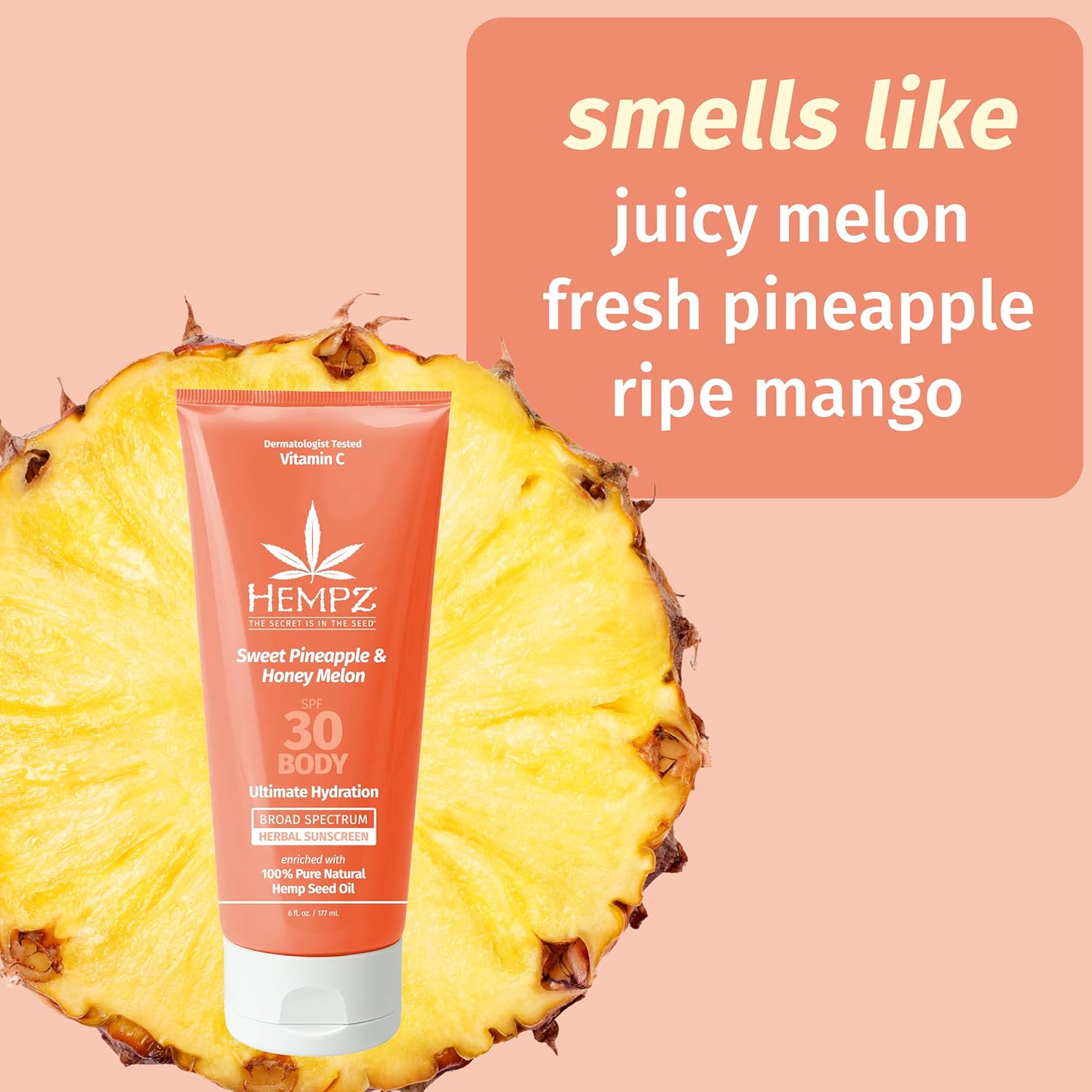 Hempz Daily Body Sunscreen Spf 30, Sweet Pineapple And Honeymelon, Reef Safe, Vegan, Dermatologist Tested, 6 Oz : Beauty & Personal Care