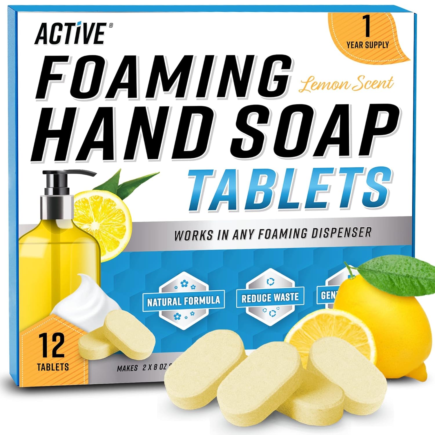 Foaming Hand Soap Tablet Refill - 12 Pack Eco Friendly Hand Wash Tablets, Zero Waste Handwash Concentrate - Equivalent To 96 Fl Oz Liquid (Fills 12 X 8 Fl Oz Refillable Foam Dispenser) - Lemon Scent