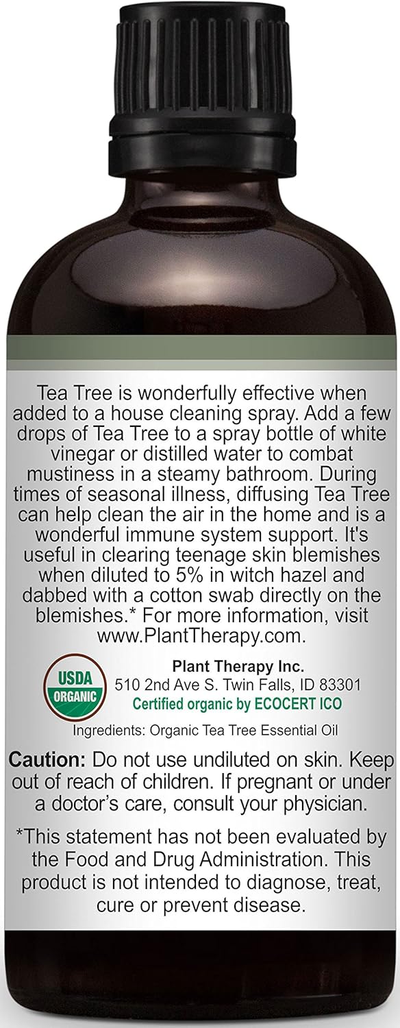 Plant Therapy Organic Tea Tree Oil (Melaleuca) 100% Pure, USDA Certified Organic, Undiluted, Natural Aromatherapy, Therapeutic Grade 100 mL (3.3 oz) : Health & Household