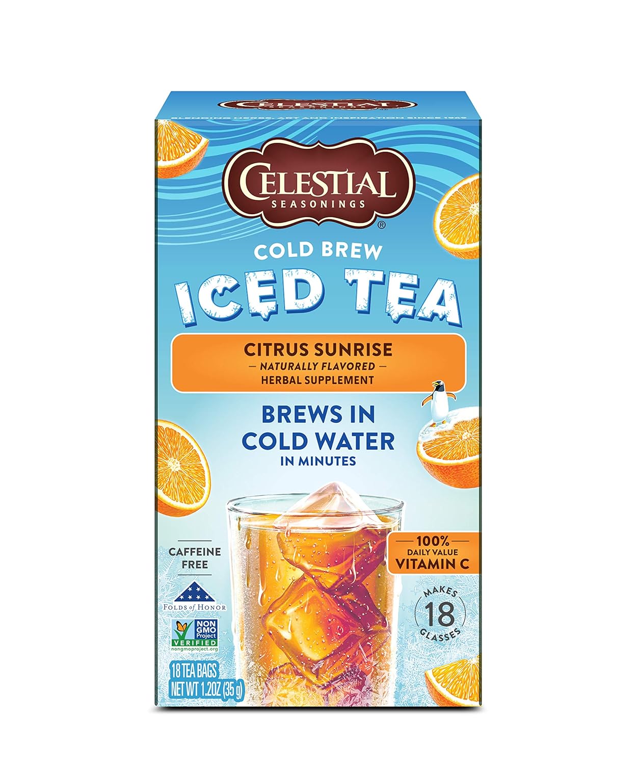 Celestial Seasonings Cold Brew Iced Tea, Citrus Sunrise, Caffeine Free, 18 Tea Bags (Pack Of 6)