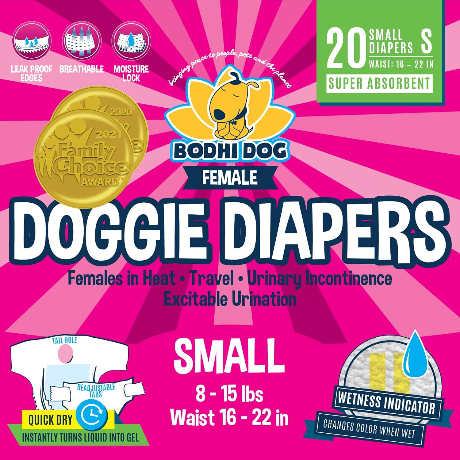 Bodhi Dog Disposable Female Dog Diapers | Super Absorbent Leak-Proof Fit | Premium Adjustable Dog Diapers With Moisture Control & Wetness Indicator | 20 Count Small Size