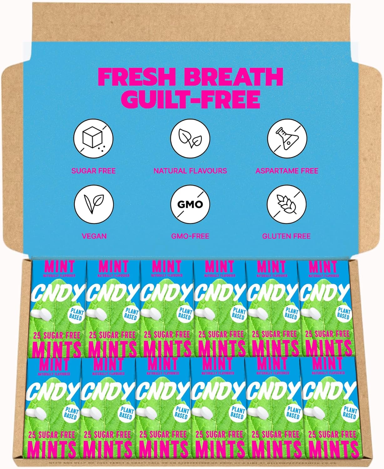 Cndy Mints | Spearmint Xylitol Mints | Aspartame Free | Sugar Free, 60 Cal, Vegan | Naturally Flavoured, 25 Pieces (Pack Of 12)
