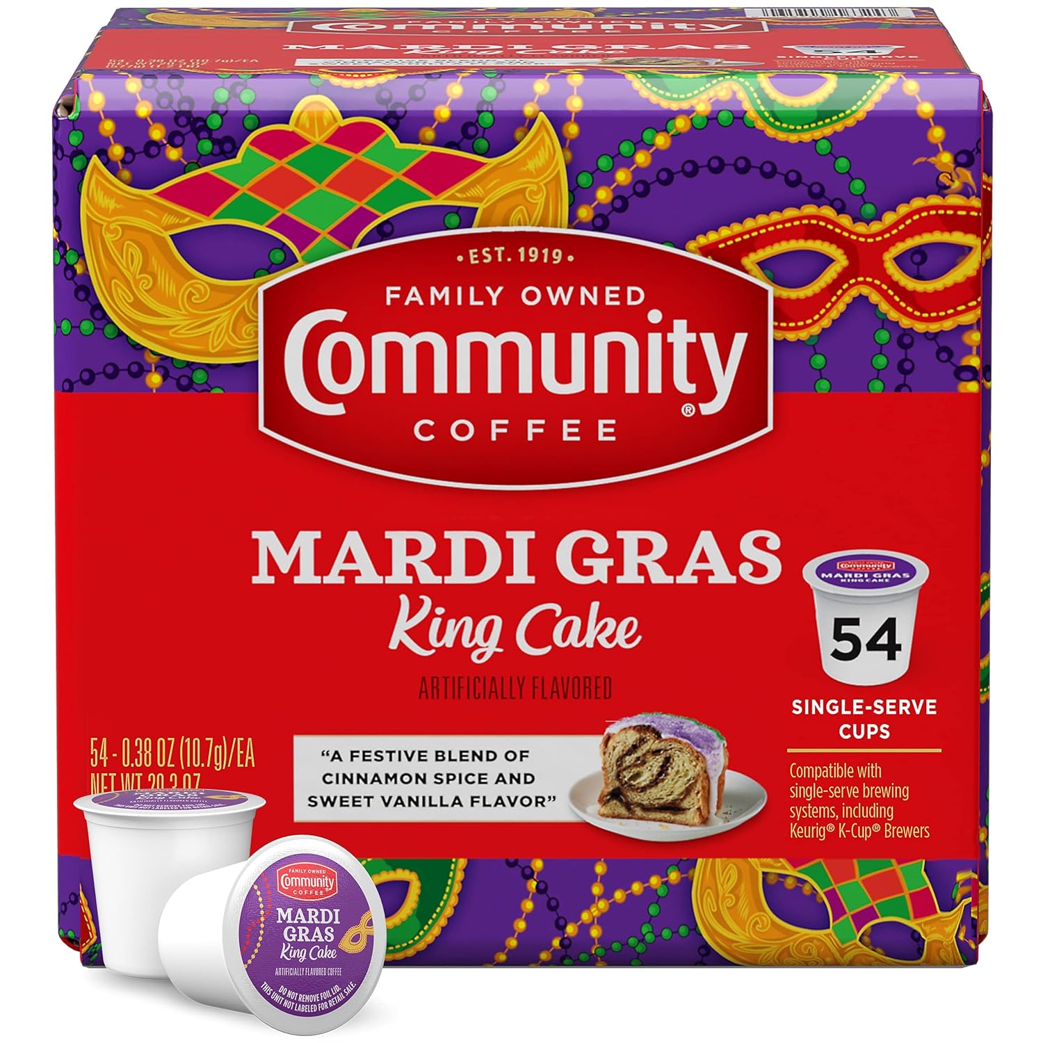 Community Coffee Mardi Gras King Cake Flavored 54 Count Coffee Pods, Medium Roast, Compatible with Keurig 2.0 K-Cup Brewers, Box of 54 Pods