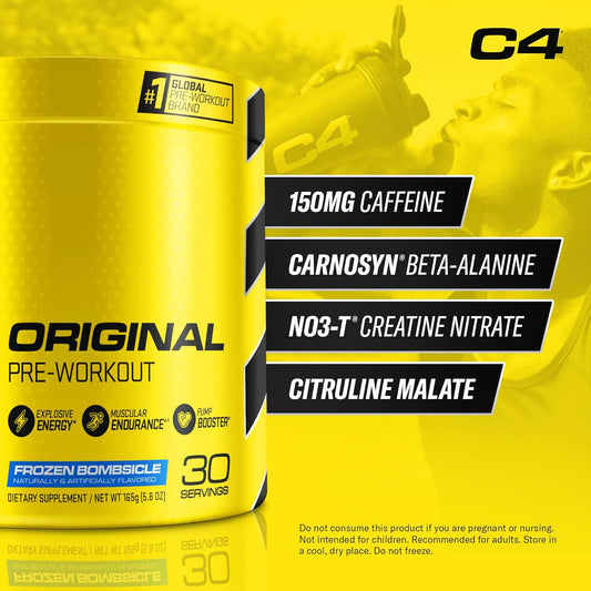 Cellucor C4 Original Pre Workout Powder Frozen Bombsicle Sugar Free Preworkout Energy for Men & Women 150mg Caffeine + Beta Alanine + Creatine - 30 Servings (Packaging May Vary)