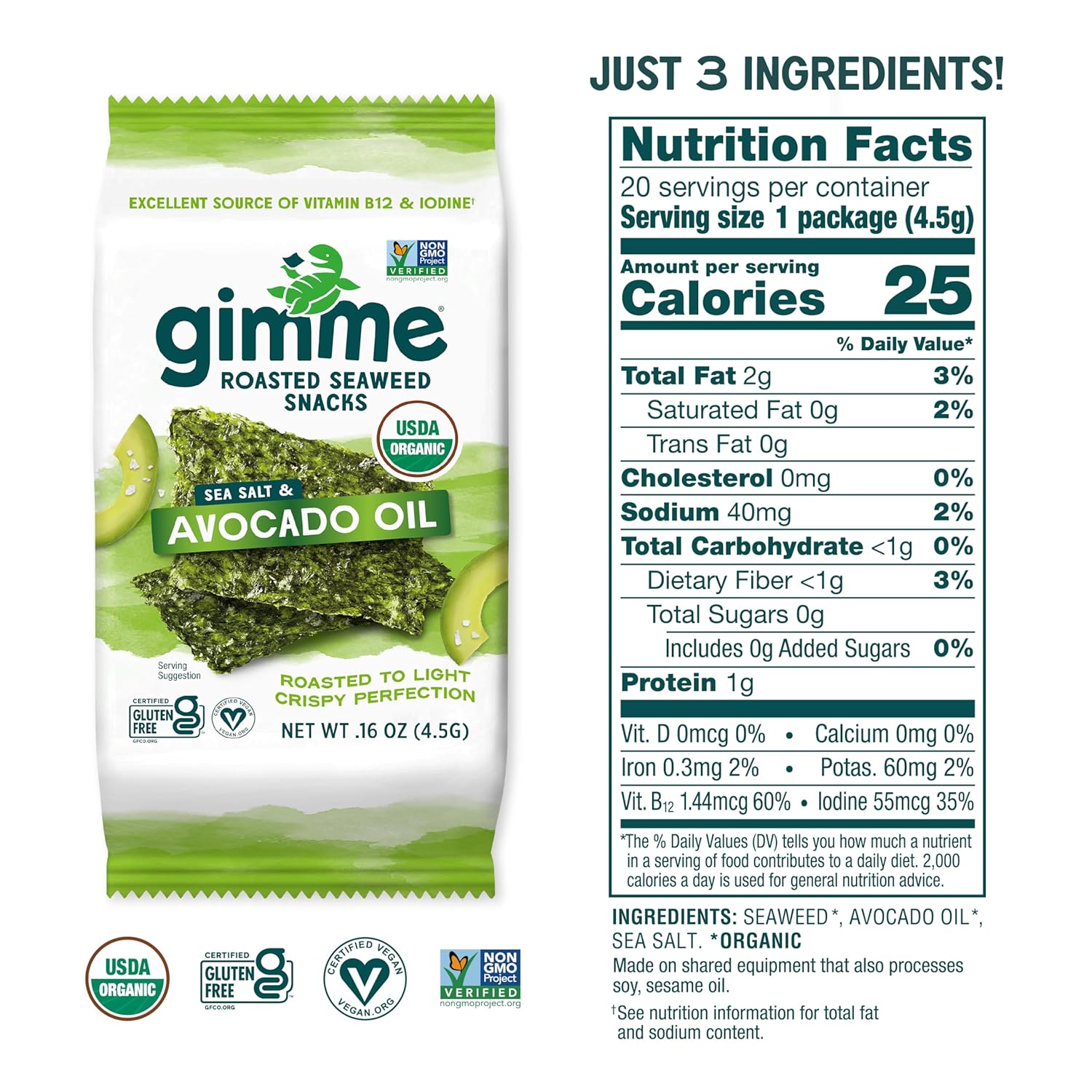 Gimme Seaweed Organic Premium Roasted Seaweed Snacks, Sea Salt & Avocado Oil, 20 Count, Keto, Vegan, Gluten-Free, Great Source Of Omega3S And Iodine, Healthy On-The-Go Snack For Kids And Adults