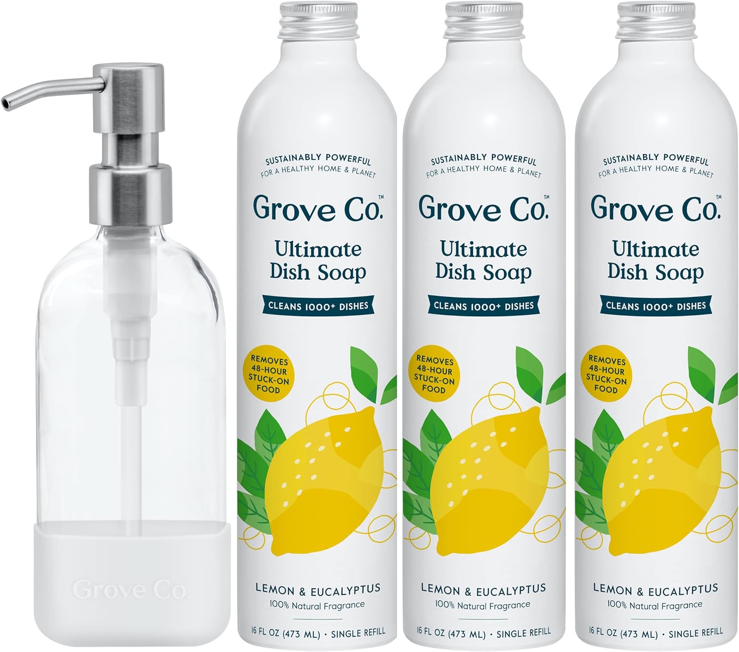 Grove Co. Ultimate Dish Soap Refills (3 x 16 Fl Oz) + Refillable Glass Dish Soap Dispenser for Kitchen Sink with Non-Slip Silicone Sleeve, Plastic Free Cleaning Products, Lemon & Eucalyptus