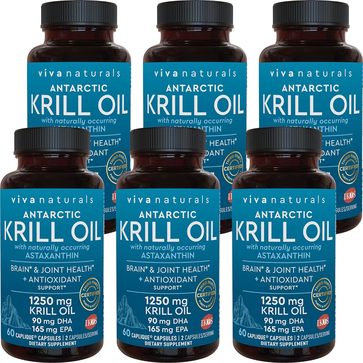 Antarctic Krill Oil 1250 mg, Omega 3 EPA DHA and Astaxanthin, Joint Support and Brain Supplement with Antioxidant Properties, No Fishy Aftertaste (6 Pack)