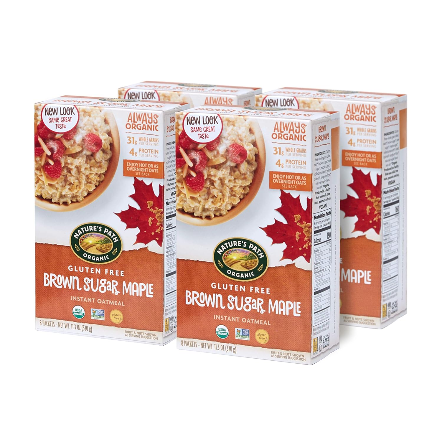 Nature's Path Organic Gluten Free Brown Sugar Maple Instant Oatmeal, 32 Packet, Non-GMO, 31g Whole Grains, 4g Plant Based Protein , 11 Ounce(Pack Of 4)