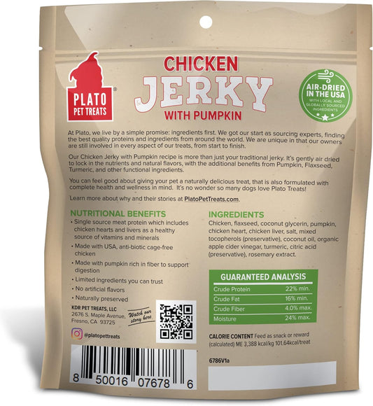 PLATO Pet Treats Air Dried, Real Meat, Chicken Jerky with Pumpkin Dog Treats, Made in The USA, Grain Free, 7oz : Pet Supplies