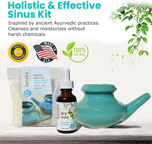 Sinus Ayurvedic Care Kit - Ceramic Neti Pot, Perfect For Sinus Relief. (1 Oz) Premium Quality Essential Oils And Mineral Salt Rinse, 2 Oz (Blue)