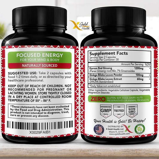 Korean Red Panax Ginseng 1200mg + Ginkgo Biloba - Extra Strength Root Extract Powder Supplement w/High Ginsenosides Vegan Capsules for Energy, Performance & Focus - Supplement for Men & Women