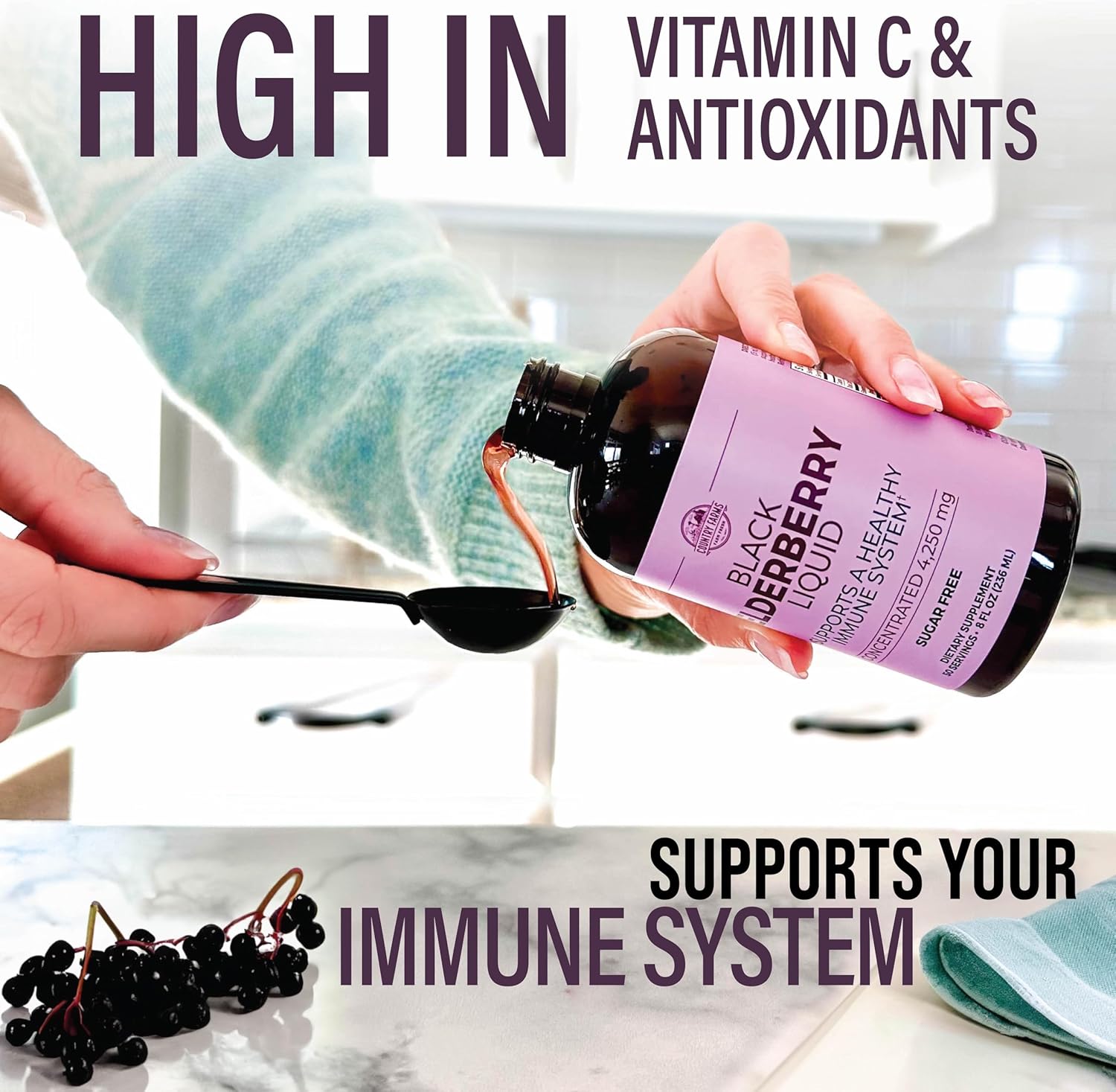 Country Farms Elderberry Liquid, Supports A Healthy Immune System, Rich in Antioxidants, Sugar Free, Berry Flavor, 8 Fl Oz : Health & Household