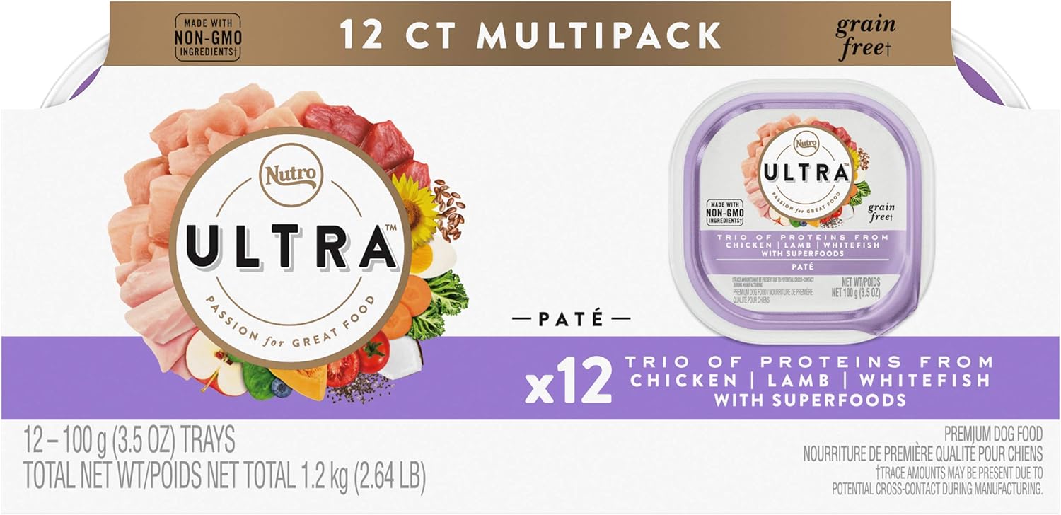 Nutro Ultra Adult Grain Free Soft Wet Dog Food, Trio Of Proteins Chicken, Lamb & Whitefish Paté, (12) 3.5 Oz. Trays