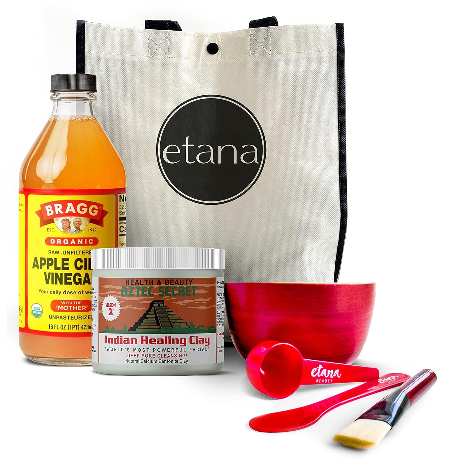 Aztec Secret Aztec Clay Premium Mask Set By Etana Beauty – All-In-One Kit Includes 1Lb Indian Healing Clay, 16Oz Bragg'S Apple Cider Vinegar, Natural Bamboo Bowl, Stir, Scoop, Brush & Tote