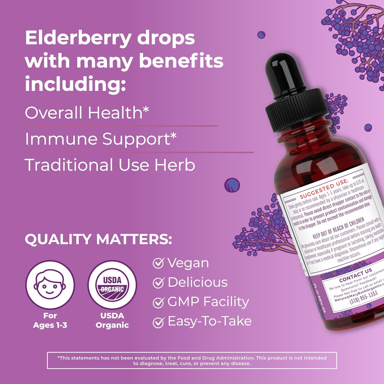MaryRuth Organics Toddler Elderberry Liquid Drops | USDA Organic | Black Elderberry Supplement for Ages 1-3 Years | Immune Support & Overall Health | Vegan | Non-GMO | Gluten Free | 30 Servings