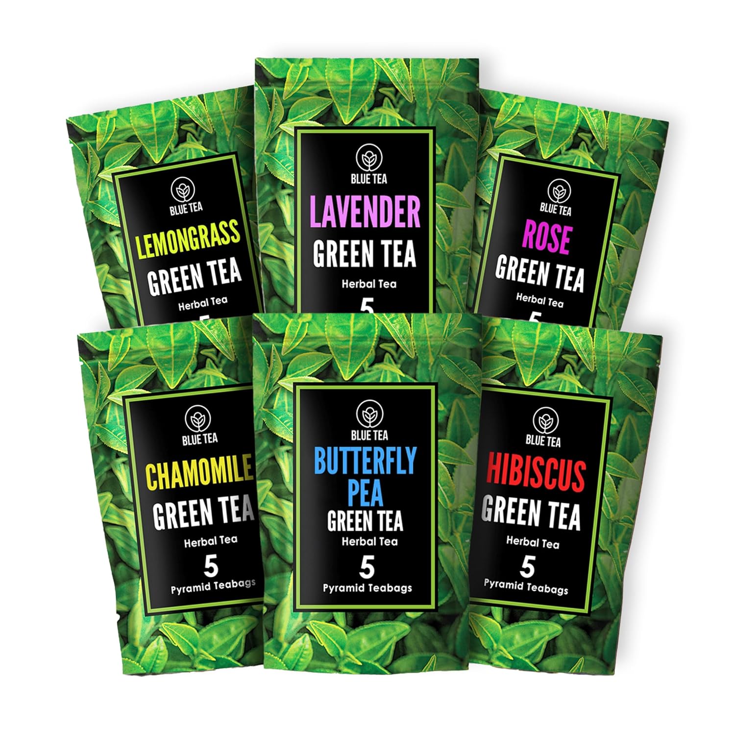 Blue Tea - Green Tea Assortment Sampler Pack (6 Flavors, 30 Plant Based Teabags) | Flower Based | Herbal Tea | Farm Fresh - Natural Ingredients- Vegan- Non-Gmo - No-Additves | Zipper Pack