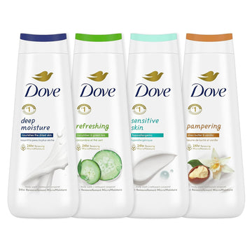 Dove Body Wash Deep Moisture, Sensitive Skin, Cucumber And Green Tea, And Shea Butter & Vanilla Collection 4 Count Skin Cleanser With 24Hr Renewing Micromoisture 20 Oz