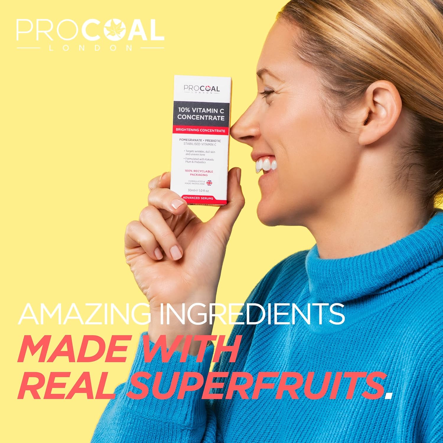 NEW Procoal 10% Vitamin C Serum Concentrate, NEW, Vegan, for Face with Prebiotics, Pomegranate & Kakadu Plum, 100% Recyclable Packaging, Made in UK, 30ml : Amazon.co.uk: Beauty