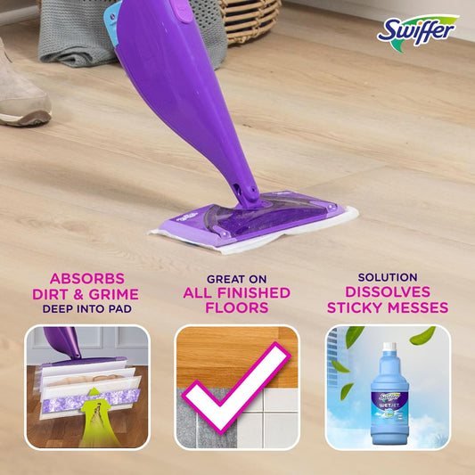 Swiffer WetJet Hardwood and Floor Spray Mop, All-In-One Mopping Cleaner Starter Kit, Includes: 1 WetJet, 10 Pads, Cleaning Solution & Batteries 16 Piece Set, Purple