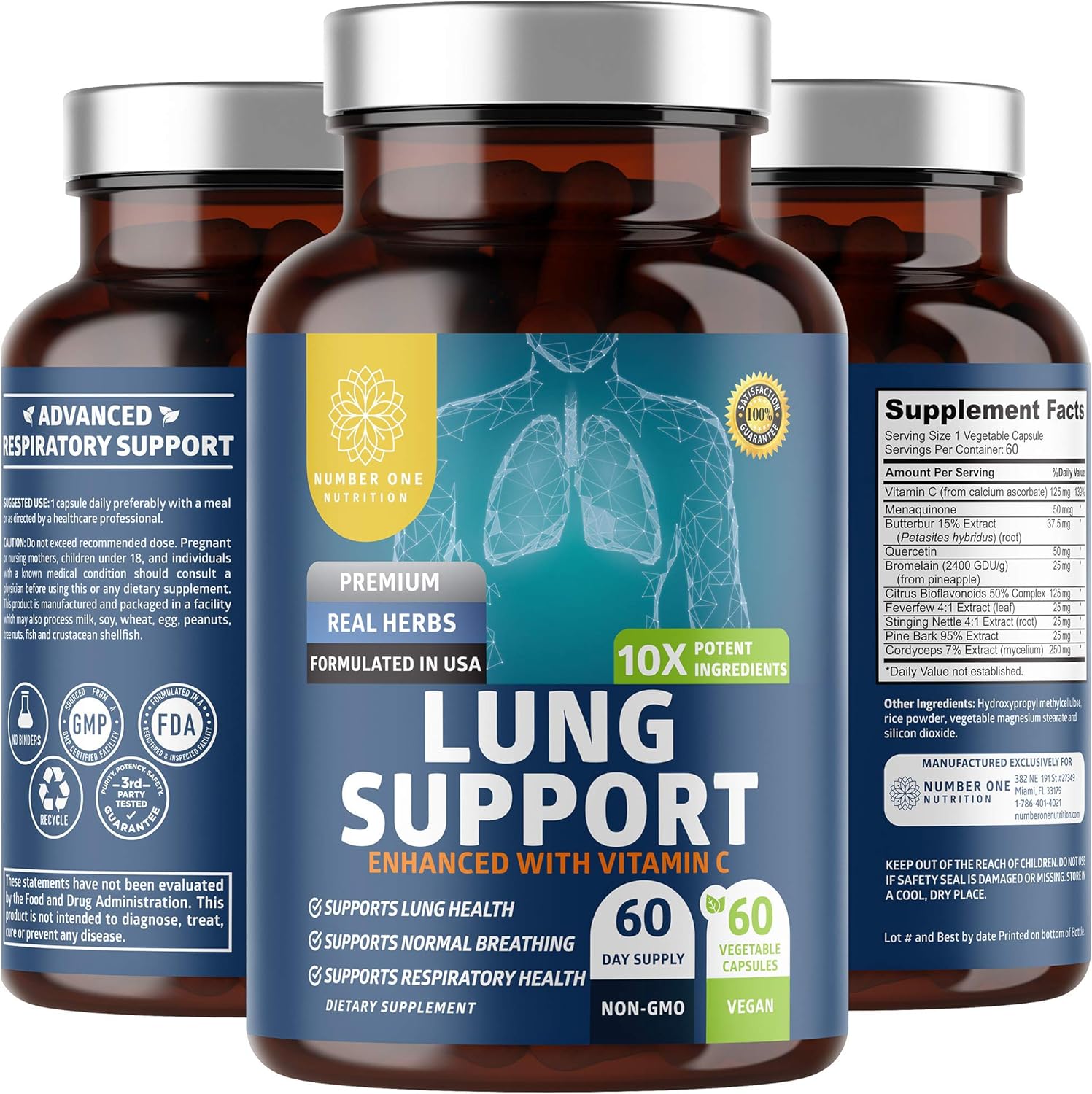 Number One Nutrition N1N Premium Lung Support Supplement [10 Potent Ingredients] Natural Lung Cleanse & Detox with Quercetin, Bromelain and Vitamin C to Help Support Respiratory Health, 60 Veg Caps