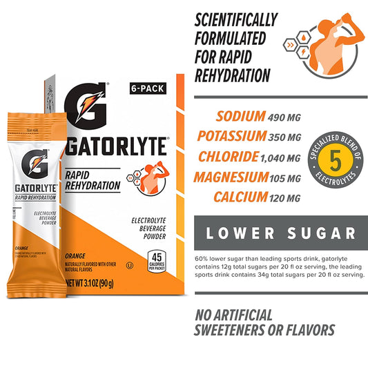 Gatorlyte Rapid Rehydration Electrolyte Beverage, Orange, Lower Sugar, Specialized Blend of 5 Electrolytes, No Artificial Sweeteners or Flavors, Scientifically Formulated for Rapid Rehydration, 48 pack. 1 pack mixes with 16.9oz (500ml) water.?