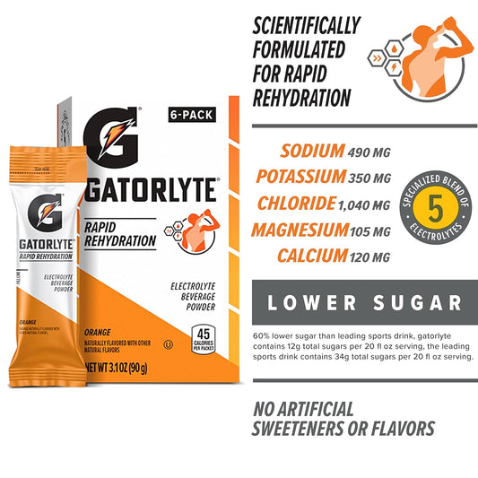 Gatorlyte Rapid Rehydration Electrolyte Beverage, Orange, Lower Sugar, Specialized Blend Of 5 Electrolytes, No Artificial Sweeteners Or Flavors, Scientifically Formulated For Rapid Rehydration, 48 Pack. 1 Pack Mixes With 16.9Oz (500Ml) Water.