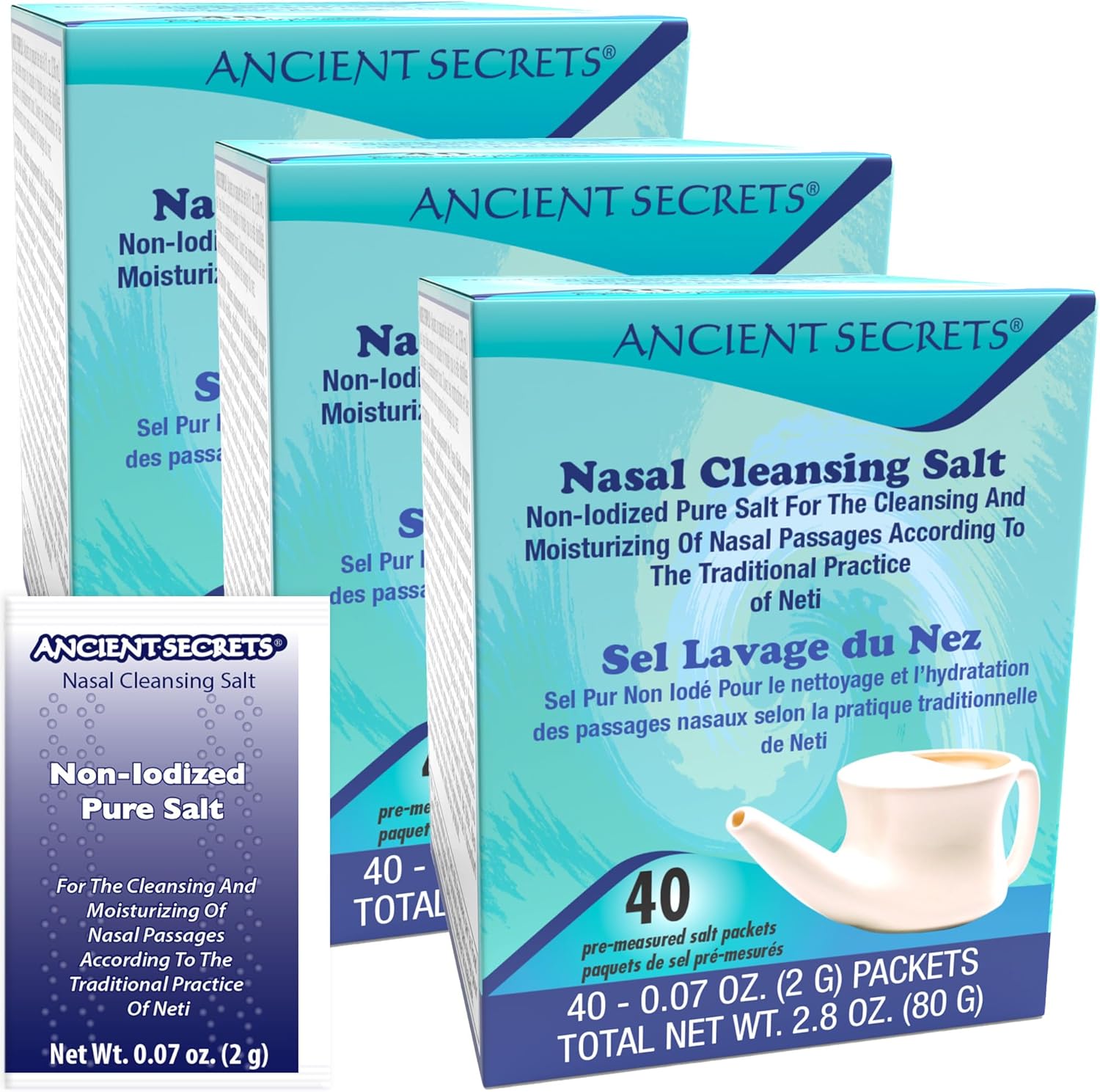 Ancient Secrets Nasal Cleansing Salt, Non-Iodized, 3-Pack – Usp-Grade Sodium Chloride, 40 Pre-Measured Packets Per Box For Any Neti Pot, Sinus Irrigation System + Bonus Pack