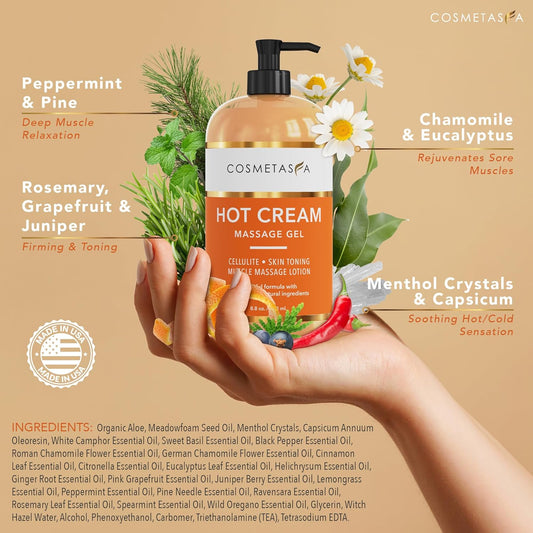 Cosmetasa Hot Cream For Belly - 87% Organic Cellulite Cream - Natural Sweat Cream Massage Gel - Cream For Stomach, Abdomen, Sore Joints, Muscles, Workout (8.8 Oz)