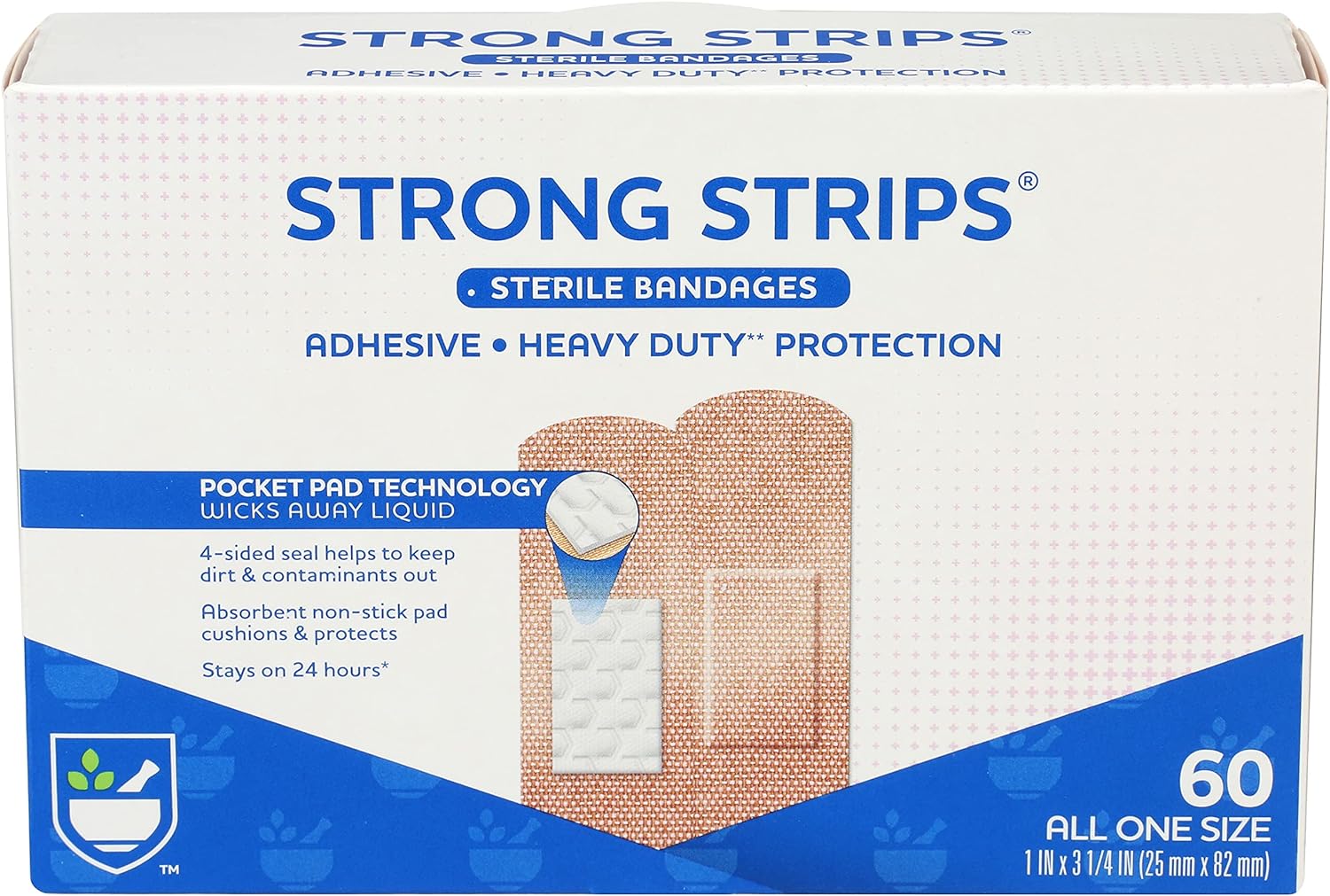 Rite Aid Strong Strips Bandages with Absorbent Non Stick Pad 1" x 3 1/4" - 60 Count | Wound Care and First Aid