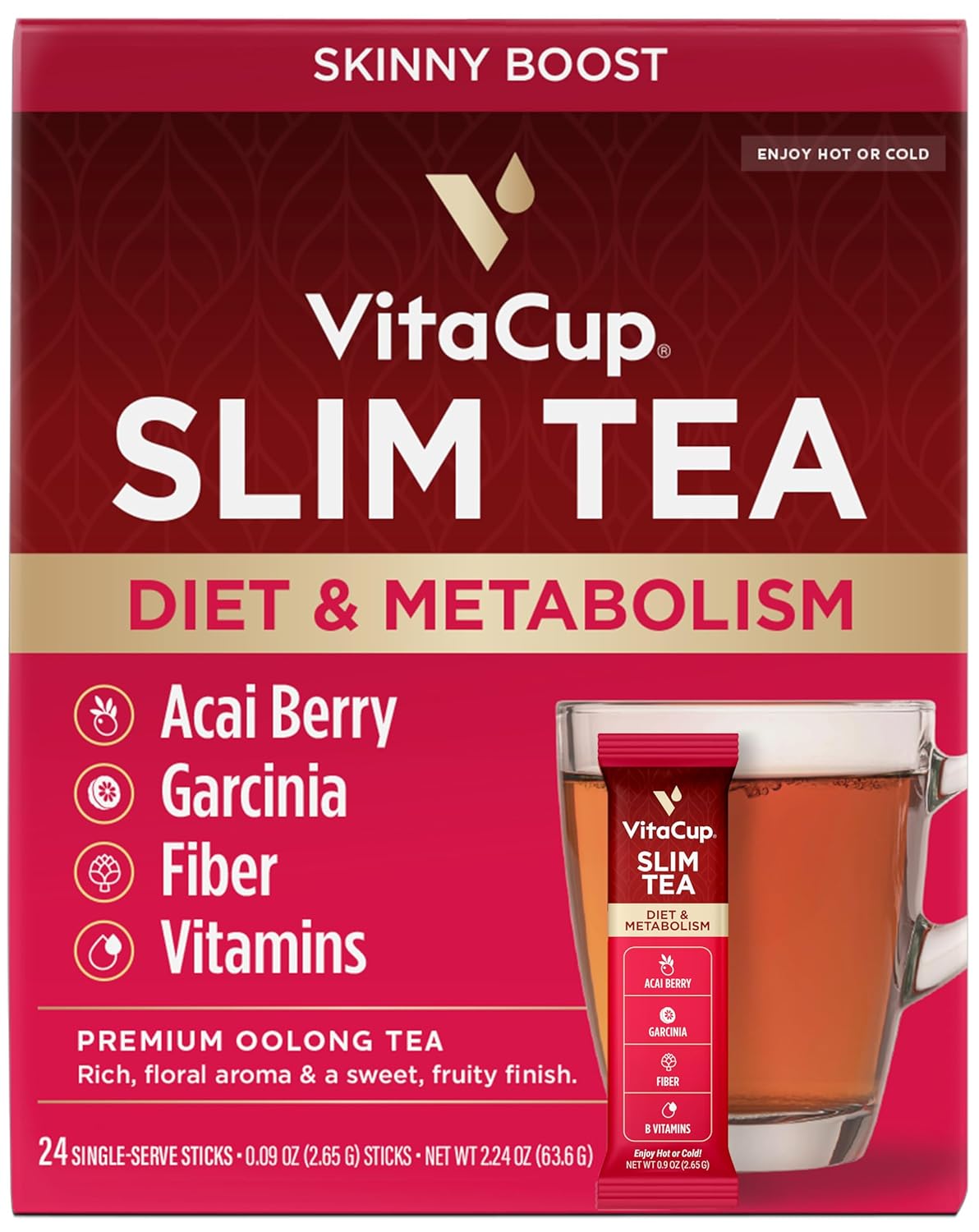 Vitacup Slim Instant Tea Packets For Diet Support, Oolong Tea W/B Vitamins, Garcinia, Inulin & Acai, On-The-Go Instant Sticks, 24 Ct