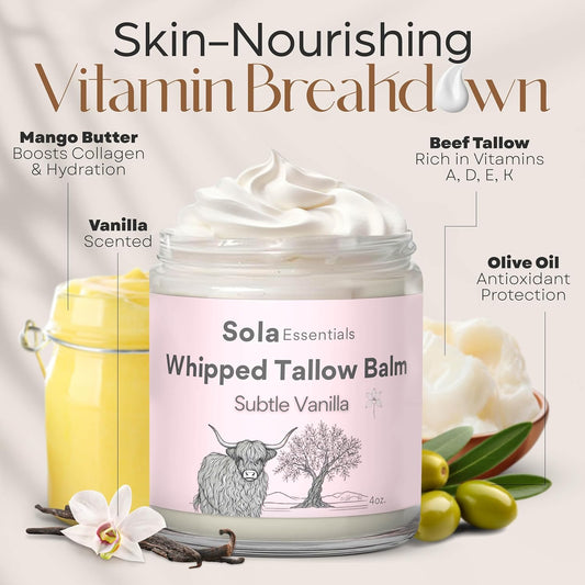 Grass Fed Whipped Beef Tallow For Skin - Whipped Tallow Balm With Mango Butter And Olive Oil - Natural Moisturizer, Suitable For All Skin Types, Smooth Texture, 4 Oz Jar, Made In Usa, Subtle Vanilla