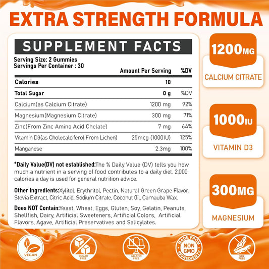 Calcium Citrate Supplement Gummies For Adult - Sugar Free Calcium Citrate 1200 Mg With Magnesium 300 Mg & Vitamin D3 - Organic Chewable Calcium Supplements For Women & Men