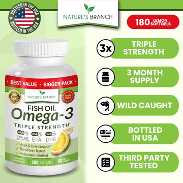 Best Triple Strength Omega 3 Fish Oil Pills - 180 Capsules - 2400Mg High Potency Burpless Lemon Flavor 864Mg Epa 576Mg Dha Ultra Pure Liquid Softgels For Brain Joints Eyes Heart Health Supplement