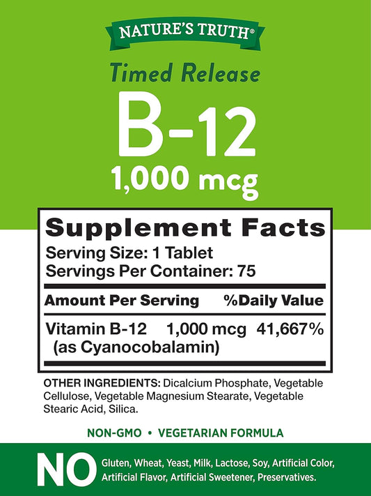 B12 Vitamin Supplement | 1000 Mcg | 75 Timed Release Tablets | Non-Gmo & Gluten Free | Nature'S Truth