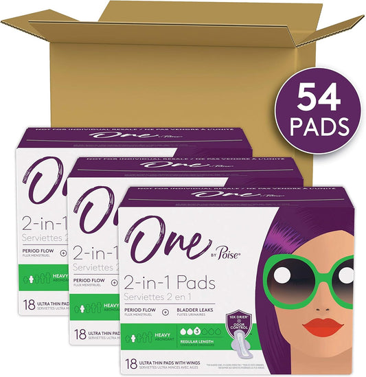 One By Poise Feminine Pads With Wings (2-In-1 Period & Bladder Leakage Pad For Women), Regular, Heavy Absorbency For Period Flow, Light Absorbency For Bladder Leaks, 54 Count (3 Pack Of 18)