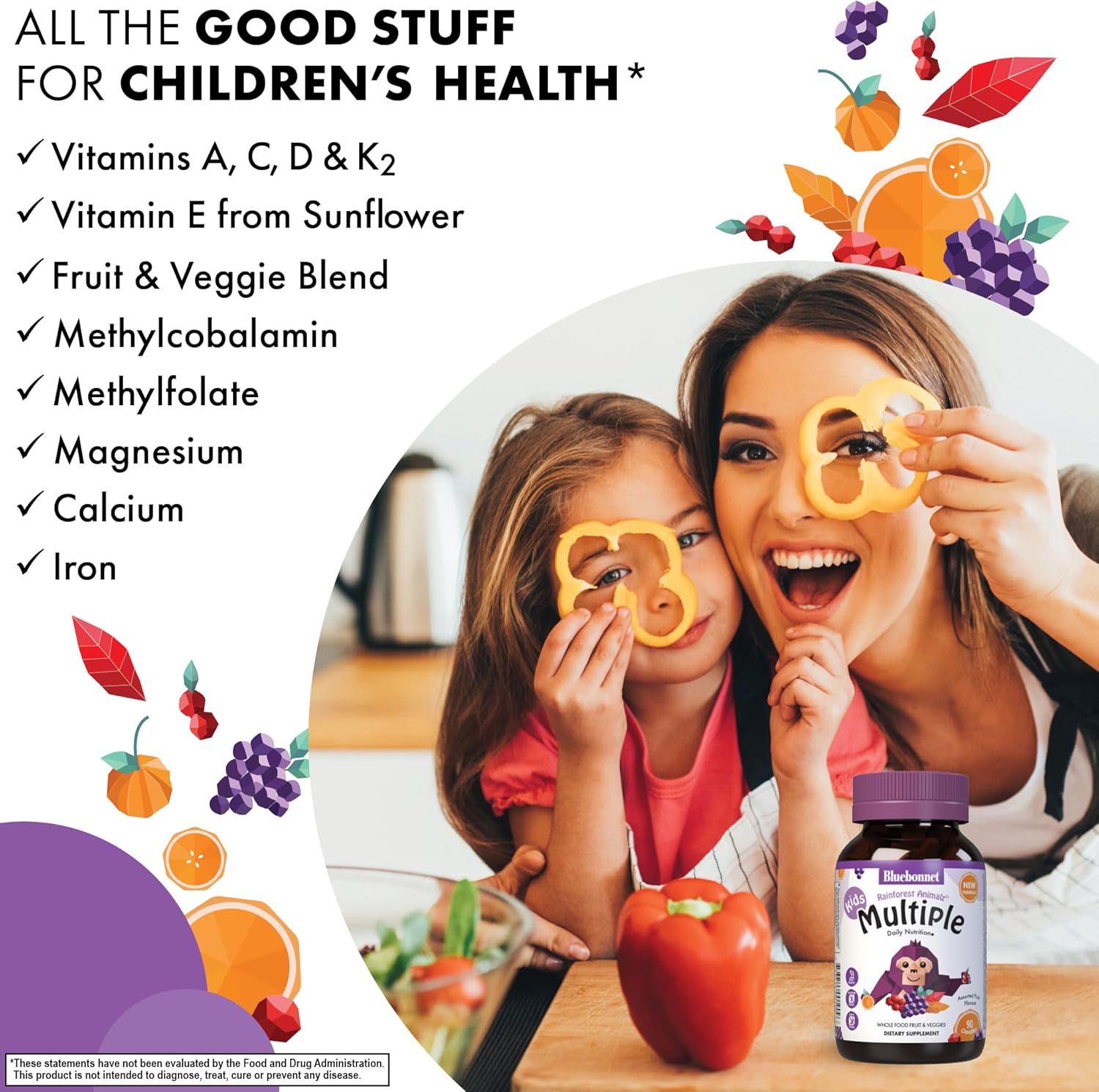 Bluebonnet Nutrition Rainforest Animalz Whole Food Based Multiple Chewable Tablets, Kids Multivitamin & Mineral, Vitamin C, D3, Iron, Gluten Free, Milk Free, Kosher, 90 Chewable Tablets, Mixed Flavors : Health & Household