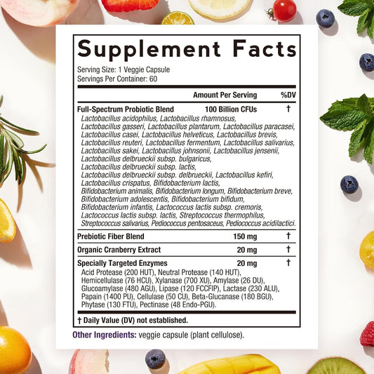 Doctor'S Recipes Probiotics For Women, 100 Billion Cfu 32 Strains, With Prebiotic Fiber, Enzymes & Cranberry, Vaginal Urinary Digestive & Immune, No Yeast, Shelf Stable, Delayed Release, 60 Caps