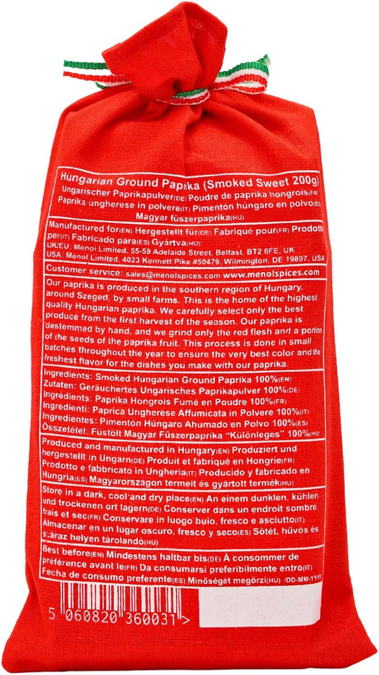 Menol Spices Authentic Hungarian Smoked Paprika Powder (Smoked Sweet 200G) Premium Gourmet Quality, Incredible Smokey Flavour, Vibrant Red, Produced In Region Of Szeged, Hungary
