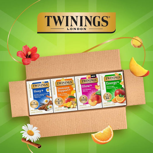 Twinings Superblends Variety Sampler Pack,Flavoured Herbal, Green & White Tea,Energy+ Vitamin B6, Sleep+ Melatonin, Immune Support+ Vitamin C, Glow+ B7/Biotin, 16 Count (Pack Of 4), Enjoy Hot Or Iced