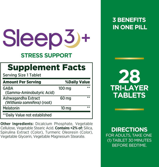 Nature'S Bounty Stress Support Melatonin, Sleep3 Maximum Strength 100% Drug Free Sleep Aid, Dietary Supplement With Ashwagandha, Time Release Technology, 10Mg, 28 Tri-Layered Tablets