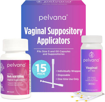 Pelvana Boric Acid Suppositories for Women 30 + 15 Applicators + 50 pH Test Strips = 95 Piece Kit - 100% Pure, Third-Party Tested & Made in The USA