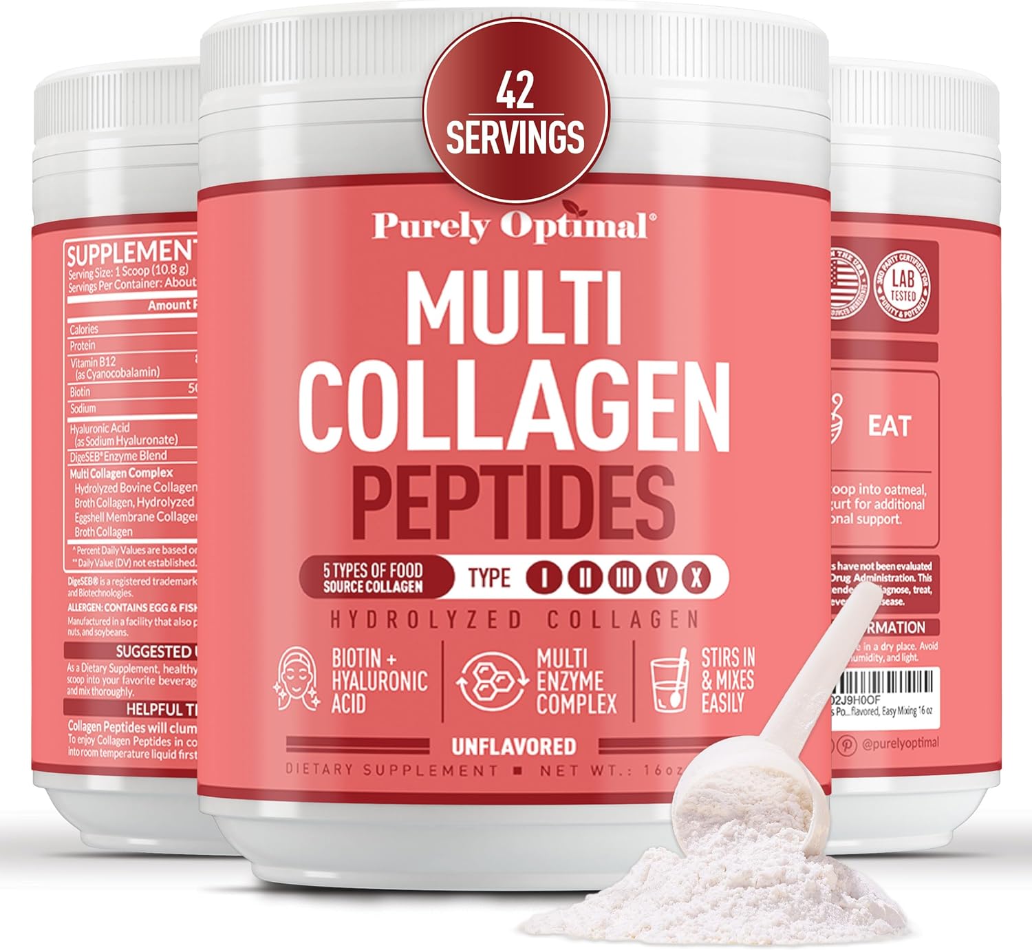 Collagen Supplement For Women - Peptides Powder With Biotin & Hyaluronic Acid For Hair, Nails, Skin, Bones & Joints, Unflavored, Easy Mixing 42 Servings