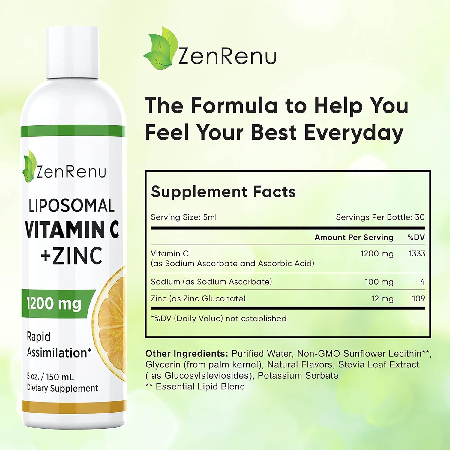 Zenrenu Liposomal Vitamin C And Zinc Liquid Drink For Adults & Kids - Non Gmo Sunflower Lecithin - Max Antioxidant & Immune Support, 5 Oz / 150 Ml : Health & Household